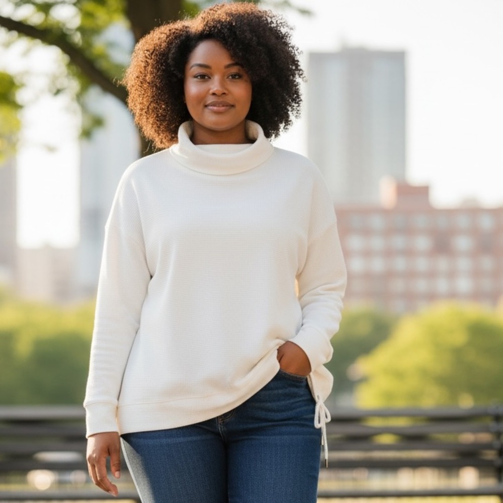 Lands' End White Cowl Neck waffle pattern pullover with draw string hem